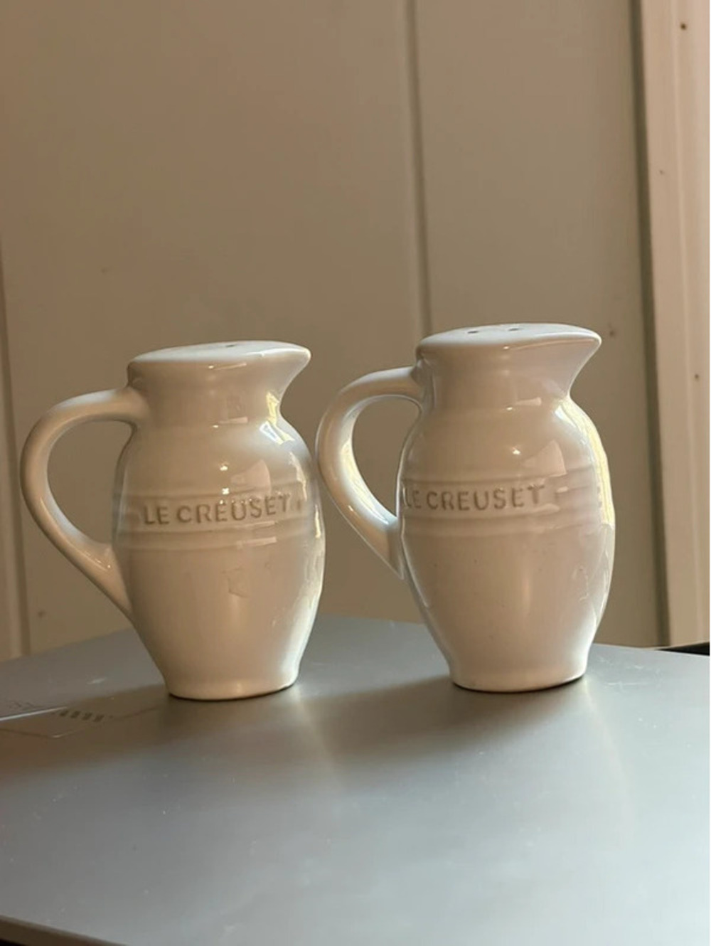 Le Creuset Salt Pepper Shakers White Stoneware Pitcher Set Jug Style